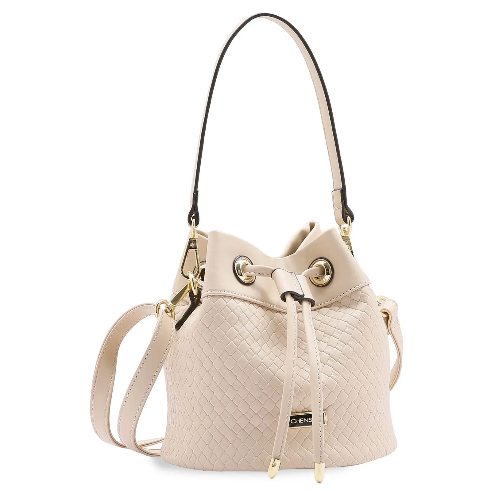 Bolsa feminina Chenson Tresse Elegance em PVC bege com textura trançada, alça única e fechamento por cordão